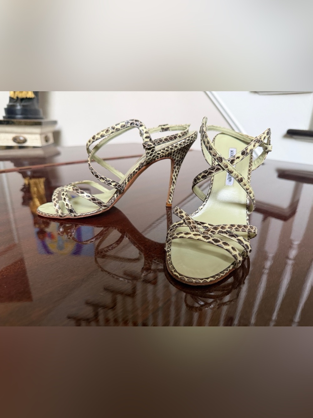 Manolo Blahnik Pale Green Snake-Print Strappy Stiletto Sandals
